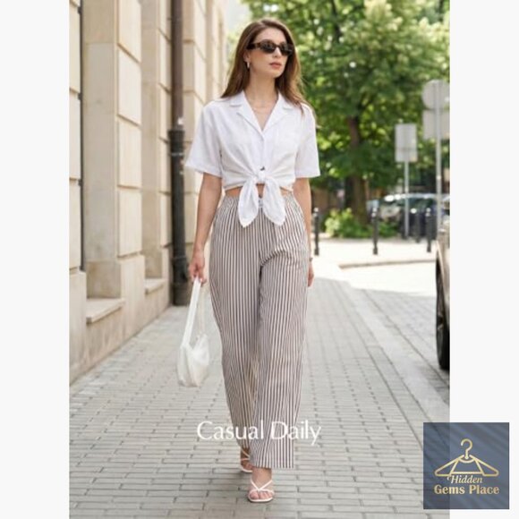 Lightweight Striped Pajama Pants High Waist Wide Leg Lounge Bottoms - Picture 4 of 7